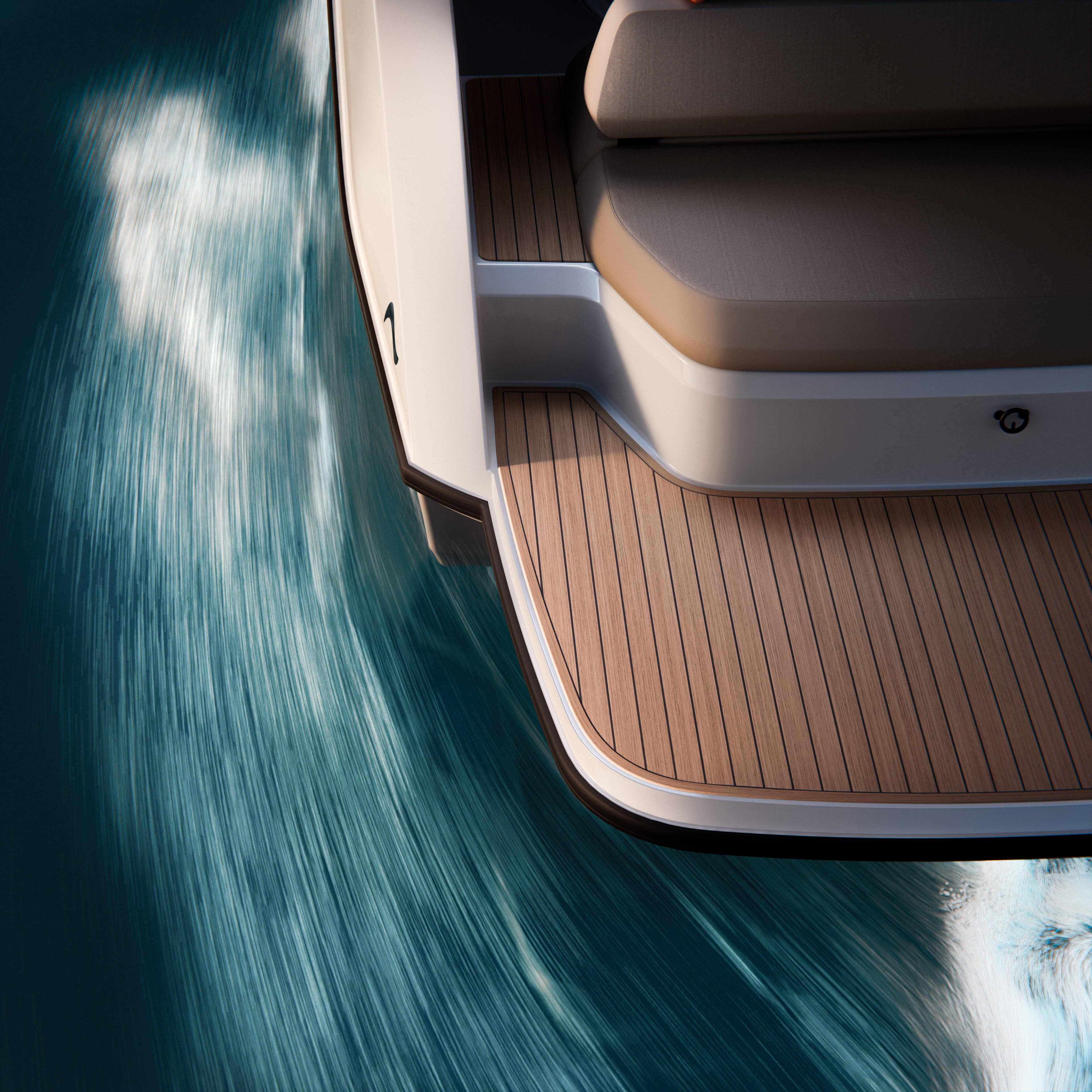 Arc Coast boat gliding through blue water. The motion blur of the water highlights the boat's speed.
