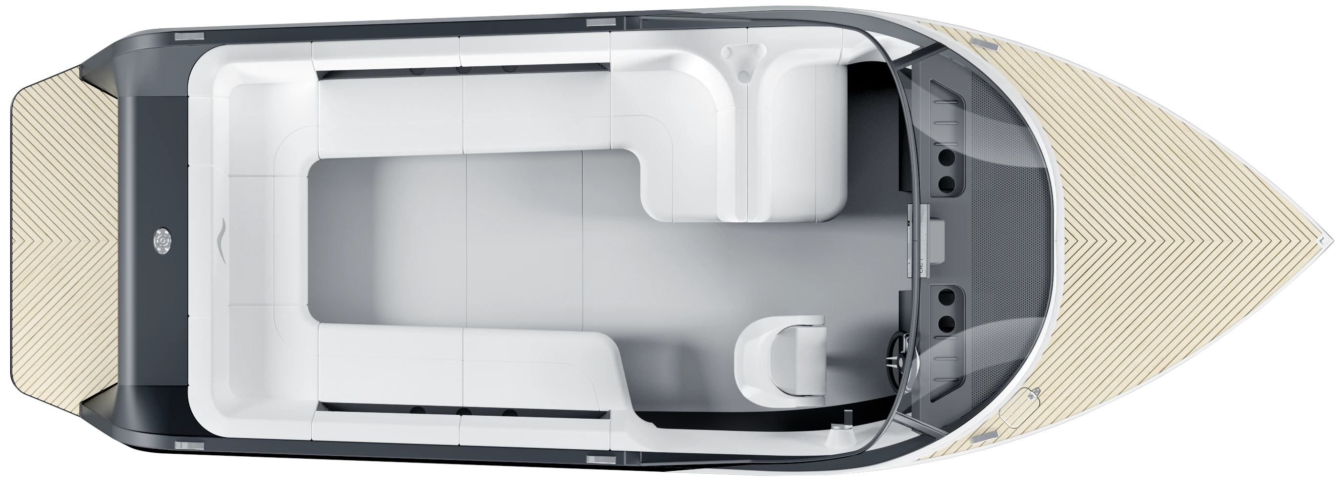 A 3D model of the Arc One showing the boat interior's minimalist design from above