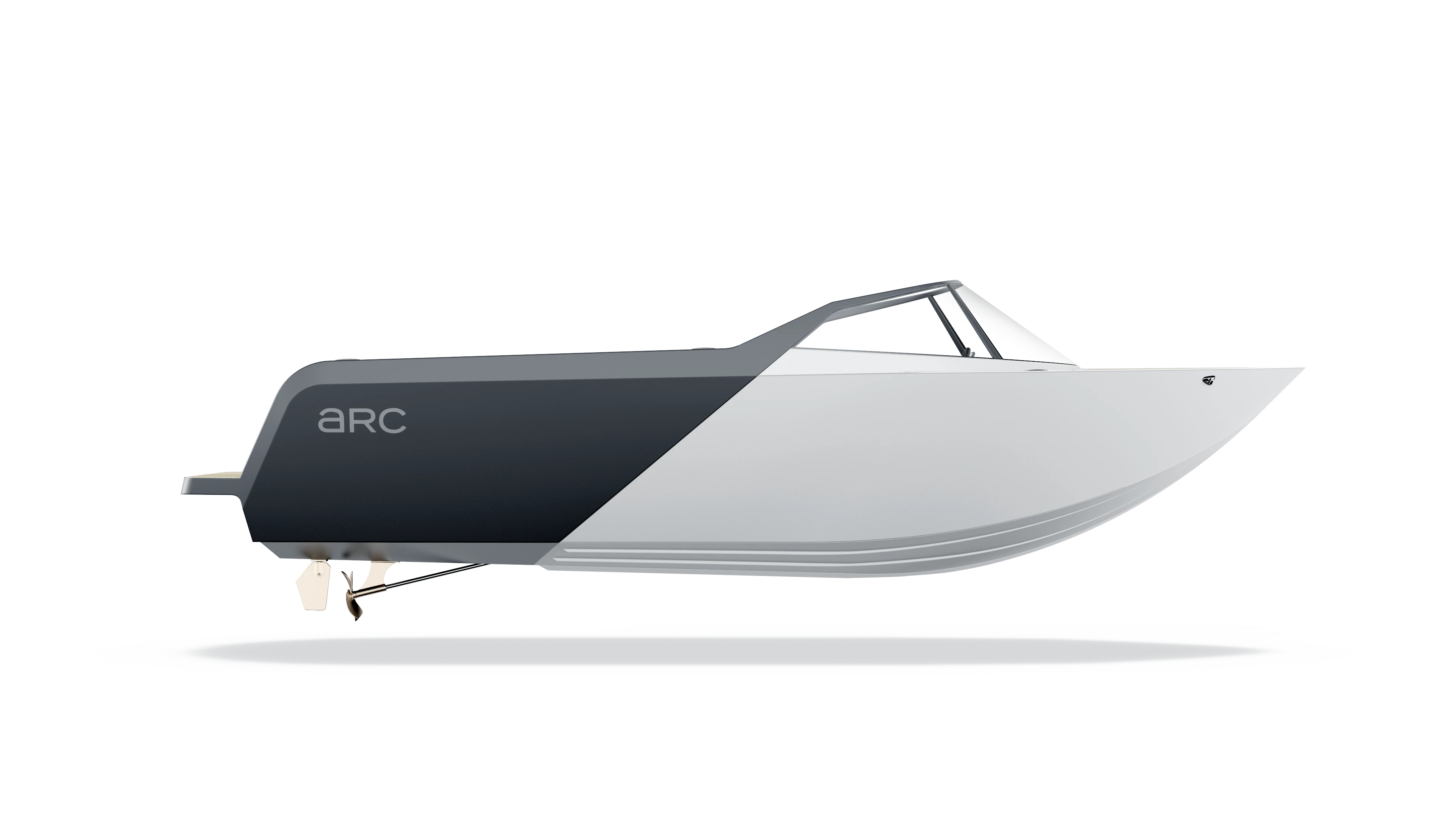 A 3D rendering of the Arc One showing the full boat out of the water from the starboard side including the propeller